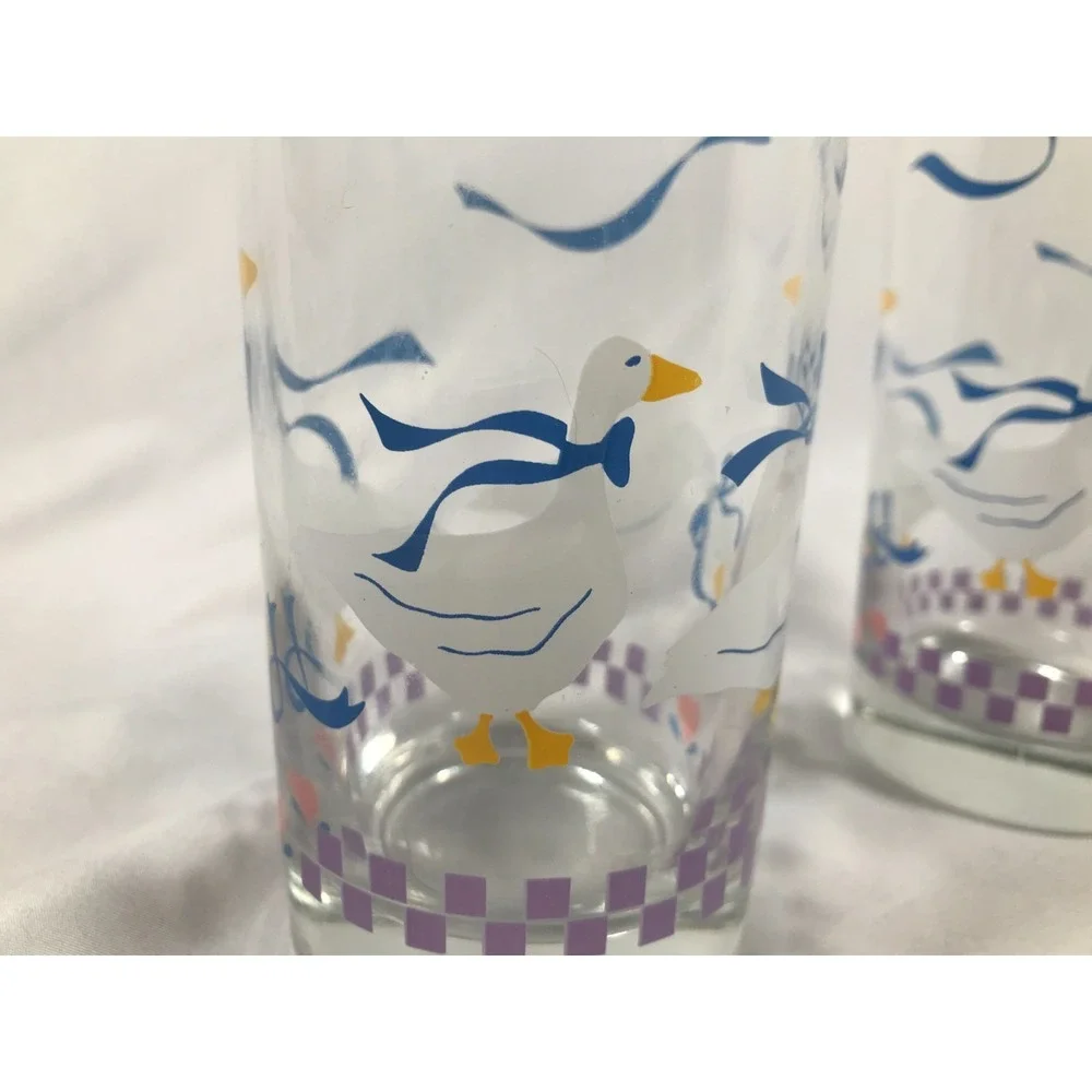 Vintage 80s Country Goose Drinking Glasses White Blue Ribbon Hearts Set of 2